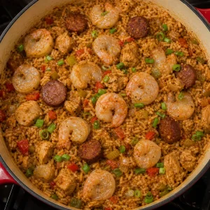 Shrimp folded into nearly finished jambalaya rice