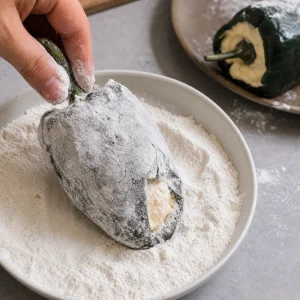 A cheese-stuffed poblano pepper coated in flour in a shallow dish.