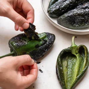 Charred skin being peeled from roasted poblano peppers.