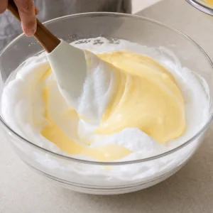 Egg yolks gently folded into fluffy beaten whites with a spatula.