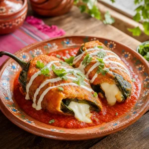 Finished chiles rellenos with melted cheese in warm tomato sauce.