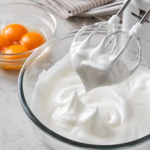 Glossy egg whites whipped into stiff peaks beside separated yolks.