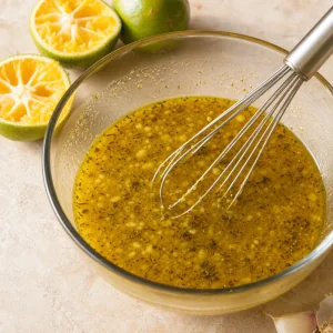 Pasta de ajo batida con jugo de naranja agria y aceite de oliva para el mojo