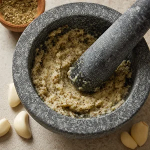 Ajo, sal, oregano, comino y pimienta machacados hasta formar una pasta espesa