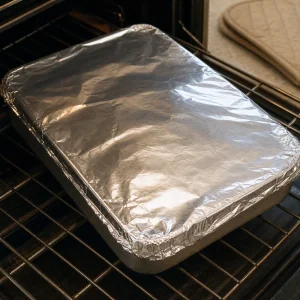 Asadera cubierta firmemente con papel aluminio para asar lentamente