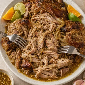 Cerdo asado mojo tierno desmenuzado con trozos crujientes y jugos de la asadera