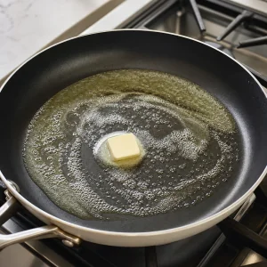 Butter schmilzt in einer heissen beschichteten Pfanne bevor der Teig hineinkommt