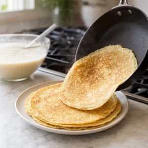 Gebackener niederlaendischer Pfannkuchen gleitet aus der Pfanne auf einen warmen Stapel