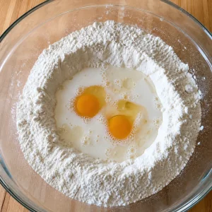 Eier und Milch in eine Mulde in der Mitte des Mehls gegeben