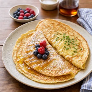 Heisse niederlaendische Pfannkuchen mit Puderzucker Sirup und suessen und herzhaften Belagen