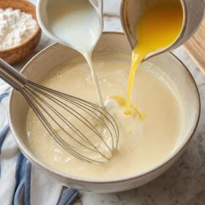 Restliche Milch und geschmolzene Butter in glatten duennen Pfannkuchenteig gegossen