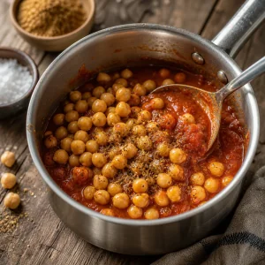 커민을 넣은 토마토소스에서 데워지는 병아리콩
