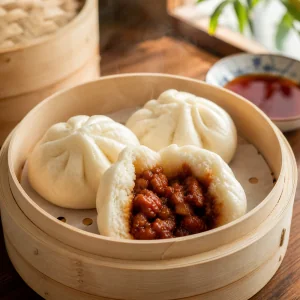 Finished steamed pork buns in a bamboo steamer with char siu filling
