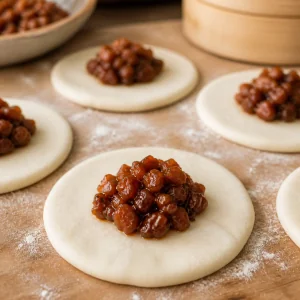 Okragle placki ciasta z lsniacym nadzieniem z wieprzowiny char siu