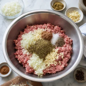 Ground meat mixed with garlic, onion, khmeli suneli, cinnamon, cloves, salt, and pepper