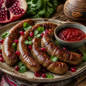 Hot kupati sausages served with pomegranate seeds, cilantro, and red plum sauce