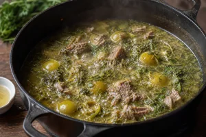 Chakapuli koechelt mit Lamm, Kraeutern und weichen gruenen Pflaumen