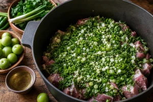 Frische Kraeuter, Knoblauch und gruene Chili auf rohem Lamm