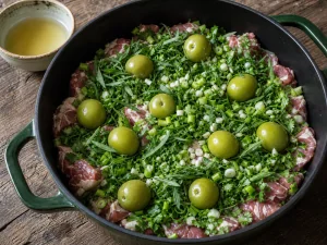 Geschichtetes Lamm mit Kraeutern und gruenen Pflaumen