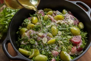 Weisswein ueber Lamm, Kraeuter und gruene Pflaumen gegossen