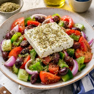 Dried oregano sprinkled over feta and fresh vegetables in finished Greek taverna salad.