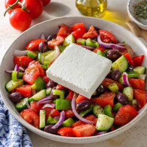 Whole block of Greek feta placed on top of colorful taverna salad vegetables.