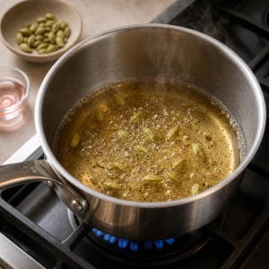 Cardamom saffron syrup simmering before rose water is stirred in.