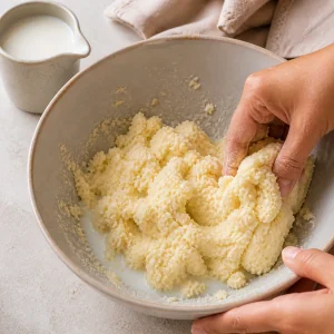 Milk gently mixed into the crumbly ingredients to form soft gulab jamun dough.