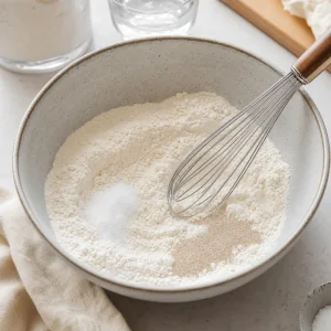 Bread flour, salt, and instant yeast whisked together in a mixing bowl