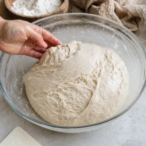Ciabatta dough becoming smoother and stronger after repeated stretch and folds