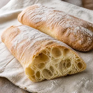 Homemade ciabatta loaves with flour-dusted crisp crust and open airy crumb