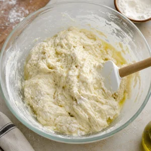 Warm water and olive oil mixed into flour to form wet shaggy ciabatta dough