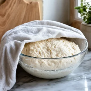 Wet ciabatta dough resting in a bowl under a damp cloth