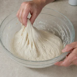 Wet hands stretching and folding elastic ciabatta dough in a glass bowl