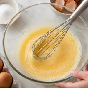 Eier und Zucker für Bubble-Waffeln hell und leicht schaumig aufgeschlagen.
