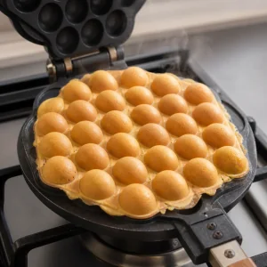 Goldbraune Bubble-Waffel backt im Eisen, bis sie knusprig ist und sich löst.