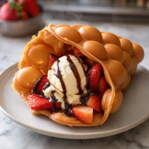 Warme Hongkong-Bubble-Waffle mit Erdbeeren, Vanilleeis und Schokoladensauce serviert.