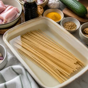 Bamboo skewers soaking in water before making chicken satay.