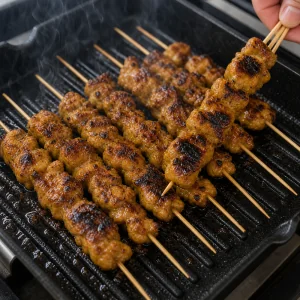 Chicken satay skewers grilling with golden char marks.