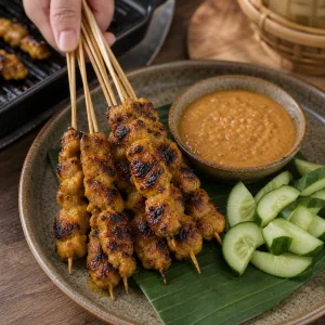 Finished chicken satay served with warm peanut sauce and cucumber slices.