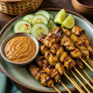 Grilled Indonesian chicken satay skewers with creamy peanut sauce, cucumber slices, and lime wedges.