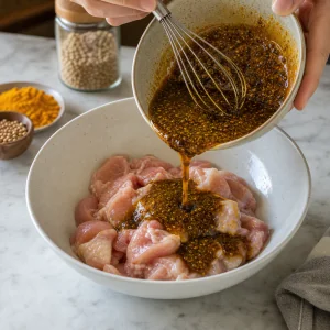 Kecap manis, oil, coriander, and turmeric marinade poured over chicken pieces.