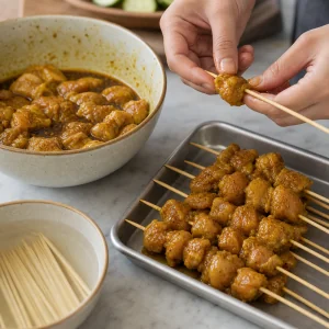 Marinated chicken pieces threaded onto soaked bamboo skewers.