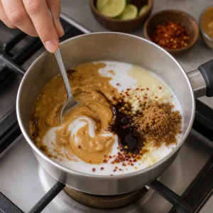 Peanut sauce ingredients combined in a saucepan for chicken satay.