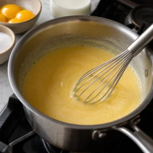 Egg yolks, sugar, and milk whisked in a saucepan for tiramisu custard.