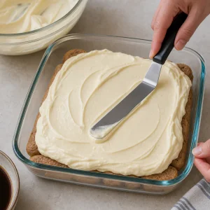 Mascarpone cream spread evenly over the first ladyfinger layer.