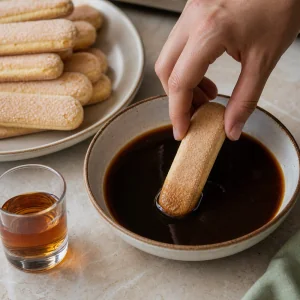 Savoiardi ladyfinger quickly dipped into espresso and rum.