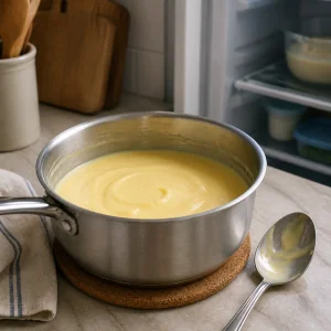 Tiramisu custard cooling in a saucepan before chilling.