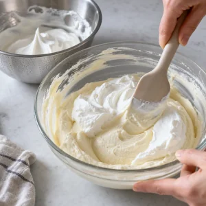 Whipped cream folded into the mascarpone mixture with a spatula.