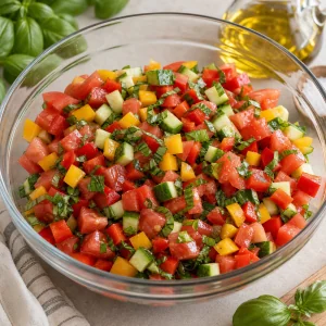 Tomates, pimentões, pepino e manjericão em cubos numa tigela